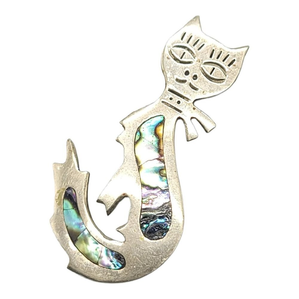 Alpaca Mexico Silver Tone Abalone Cat Brooch Vintage